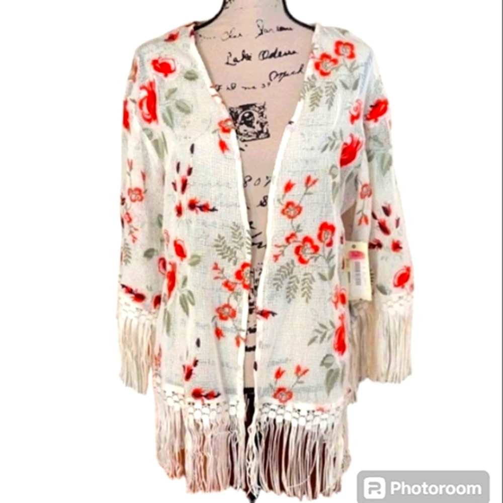 New Reba Ivory floral Fringe Open Cardigan Size S/M